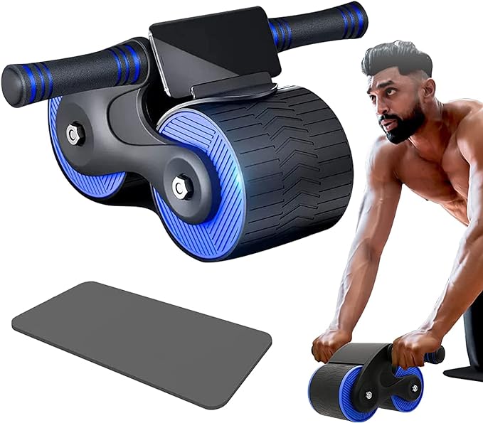 Rueda para Abdominal de Rebote Automático con Estera de Rodilla, Equipo de Entrenamiento con Rodillo para Abdominales de Doble Rueda, Entrenamiento de Fuerza del Núcleo Abdominal para Hogar y Gym