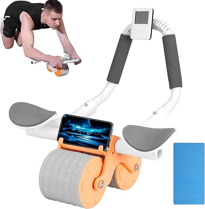 TECHVIDA Rodillo de Ejercicio Abdominal, Rueda Abdominal de Rebote Automático, Rodillo para Abdominales con Soporte para Codos, con Soporte para Teléfono, con Temporizador, Tapete (Naranja)